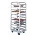 A full-size wide-angle aluminum roll-in rack with multiple shelves and wheels, designed to hold up to 11 pans.