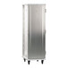A tall, enclosed, mobile aluminum sheet pan rack with a front door and four caster wheels.