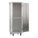A full-size mobile aluminum enclosed sheet pan rack with an open door and multiple pan slots.