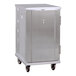 A heavy-duty, half-size mobile aluminum enclosed sheet pan rack with a front-loading door and four caster wheels.