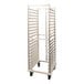 A heavy-duty aluminum mobile sheet pan rack with 20 end-load slots, bumpers, and a pan stop.