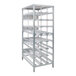 A heavy-duty full-size aluminum stationary FIFO can rack designed to hold #10 cans.