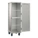 A full-size mobile aluminum enclosed sheet pan rack with three shelves and an open front door, designed to hold up to 38 pans.