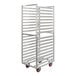 A heavy-duty aluminum mobile rack with multiple side-load slots for holding up to 36 full-size pans, designed for use in refrigerators or proofers.