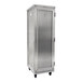 A heavy-duty, full-size, enclosed aluminum sheet pan rack with a front door and casters for mobility.