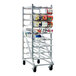 A heavy-duty full-size aluminum mobile can rack with an open top, designed to hold #10 and #5 cans.