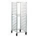A mobile aluminum rack designed to hold 18 full-size pans, commonly used in commercial kitchens for refrigeration or proofing.