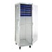 A full-size mobile aluminum enclosed sheet pan rack with a clear door and multiple blue pans inside.