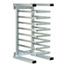 An aluminum countertop pizza pan rack with 8 slots for holding 10 to 18 inch pans.