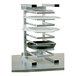 An aluminum countertop pizza pan rack with eight slots for holding 10 to 18 inch pans.