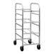 A heavy-duty aluminum universal lug dolly with four shelves and four caster wheels.