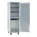 A full-size mobile aluminum enclosed sheet pan rack with multiple shelves and an open door.