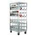 A heavy-duty full-size aluminum mobile can rack designed for FIFO storage of #10 cans.