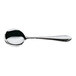 A stainless steel round bowl soup spoon with a polished finish and a slightly decorative handle.
