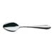 A stainless steel dessert spoon with a simple, elegant design.