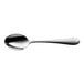 A stainless steel dessert spoon with a textured handle.