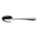 A stainless steel dessert spoon with a textured handle.