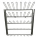 A stainless steel wall-mount boot rack with 40 loops for holding multiple pairs of boots.
