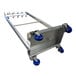 A stainless steel garment rack with a hangrail, 22 hooks, and blue caster wheels.