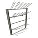A stainless steel wall-mount boot rack with 30 loops for holding multiple pairs of boots.