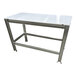A stainless steel table with a white poly top and paw print footing.