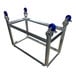 A stainless steel table frame with four blue 4-inch casters, designed to support a 24 x 48 inch poly top.