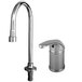 A T&S chrome deck-mount faucet with supply hoses and a remote control base.