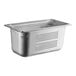 A Vollrath stainless steel 1/3 size steam table pan with holes in it.