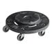 A black round trash can dolly with four swivel caster wheels designed for easy mobility.