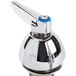 A T&S chrome deck mount faucet with blue handles.