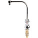 A T&S chrome deck-mount faucet with brass handles and a gooseneck.