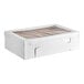 A large white adjustable bakery box with a clear window on the lid, designed for holding full sheet cakes.