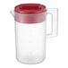 A clear plastic 1-gallon pitcher with a red multifunction lid and handle.