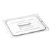 A clear polycarbonate handled lid designed for a 1/2 size food pan.
