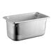 A stainless steel 1/3 size, 6-inch deep steam table or hotel pan.