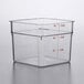 A clear, square 6-quart polycarbonate food storage container with measurement markings on the side.