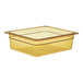 A rectangular amber high heat plastic food pan that is half size and 4 inches deep.