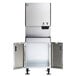 A commercial stainless steel ice maker and water dispenser with an open storage bin and floor stand.