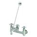 A T&S chrome wall mount faucet with two handles.