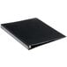 A black three-ring binder with a smooth cover.