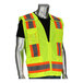 A high-visibility yellow surveyor's safety vest with reflective orange and gray stripes and multiple pockets.