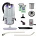 A cordless backpack vacuum cleaner kit with various attachments, filters, bags, and a two-piece wand.