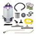 A ProTeam GoFit 6 backpack vacuum with a 6-quart capacity, shown with various attachments and accessories including hoses, extension wands, filters, power cord, and cleaning tools.