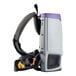 A gray and purple backpack vacuum cleaner with padded shoulder straps and attached hose controls.