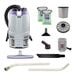 A cordless backpack vacuum cleaner kit with various attachments, filters, bags, and a battery charger.