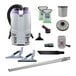 A cordless backpack vacuum cleaner kit with various attachments and accessories.
