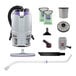 A cordless backpack vacuum cleaner kit with various attachments, filters, bags, and a telescoping wand.