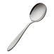 A stainless steel bouillon spoon with a textured handle.