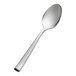 A stainless steel demitasse spoon with a polished finish and a simple, modern design.