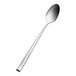 An extra heavy weight stainless steel iced tea spoon with a long handle and a polished finish.